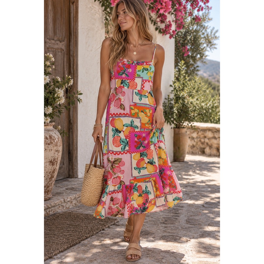 Paper Heart Fruit Patchwork Maxi Dress Pink Yellow Strawberry Lemon Size M